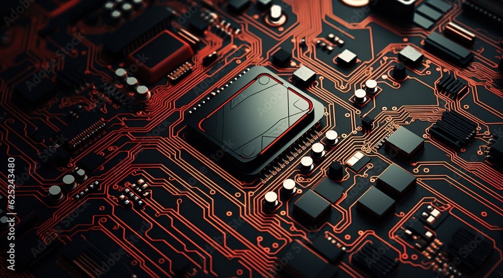 Poster abstract technology red cyber computer motherboard circuit with black empty space futuristic backgro