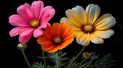 flowers on a black background, bright flowers on a dark background