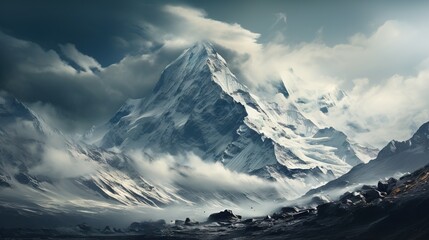  a mountain covered in clouds and snow under a cloudy sky.  generative ai