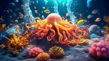 Naklejka na ściany i meble coral reef in the sea, underwater animals playing. Generative AI