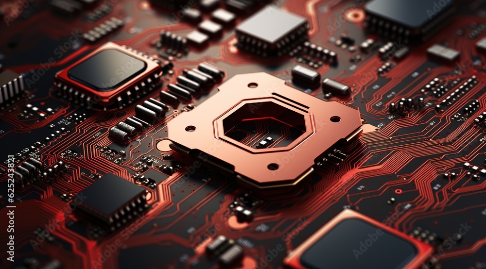 Poster abstract technology red cyber computer motherboard circuit with black empty space futuristic backgro