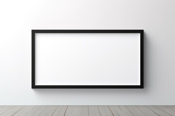 A large blank picture frame hangs on a wall, black frame, mockup, horizontal, landscape, generative ai