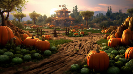 Golden Hour in a Vast Pumpkin Field Ready for Halloween - Generative AI