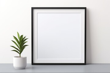 Fototapeta na wymiar One empty frame hanging on a wall next to a plant, thick black frame, square, mockup, generative AI