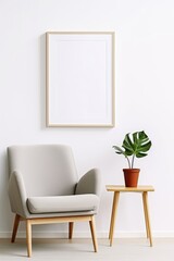 A blank frame hanging on a wall above a grey armchair, brown wooden frame, portrait, model, generative AI