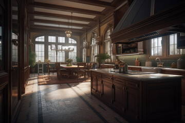 Fototapeta na wymiar kitchen in a mansion, resident evil, large plan created with generative ai