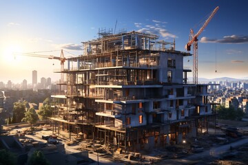 Fototapeta premium Construction site with cranes and building under construction. Crane at a construction site. Generative AI technology.