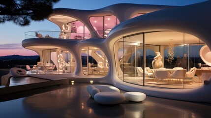 Fototapeta premium Modern Futuristic House with large Windows. Generative AI