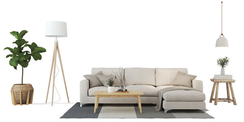 Interior furniture set 3D render. Living room house floor template background mockup design , isolated on transparent background.