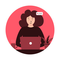 Poster blank about an online meeting. The girl conducts an online broadcast