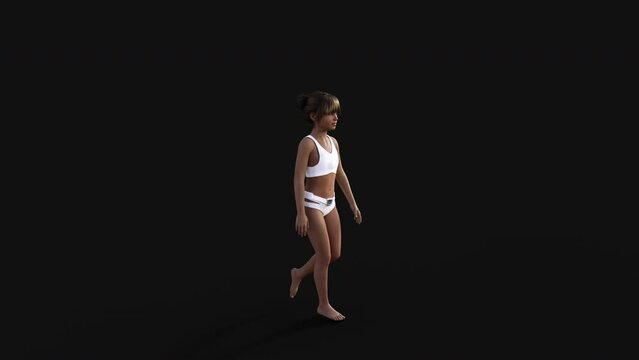 3d Illustration of a girl human shape  growing up to a woman shape and walk cycle on black background with alpha matte.