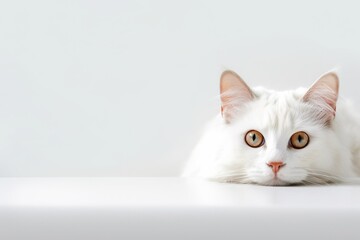 Cute white cat on white background.  Cat on a solid white background. Isolated. 