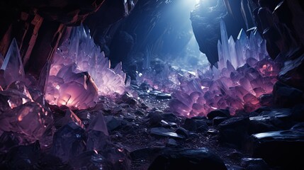  a cave filled with lots of purple ice crystals and a bright light.  generative ai