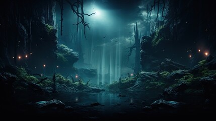  a dark forest with a stream of water surrounded by trees.  generative ai