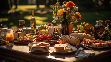 Obraz na płótnie Canvas a table full of food and wine on a sunny day. generative ai