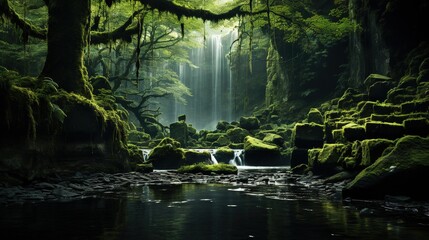 a stream running through a lush green forest filled with trees.  generative ai