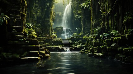  a waterfall in the middle of a jungle with steps leading up to it.  generative ai