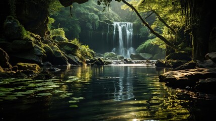  a waterfall in the middle of a forest filled with water.  generative ai