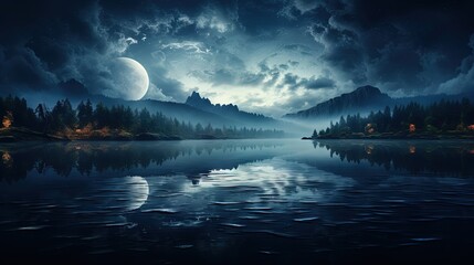  a night scene with a mountain lake and a full moon.  generative ai