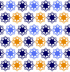 Eastern pattern. Trendy symmetrical design with geometric objects in yellow, blue and dark blue colors. Wallpaper design