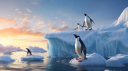 penguins jump on ice floes into the ocean - obrazy, fototapety, plakaty