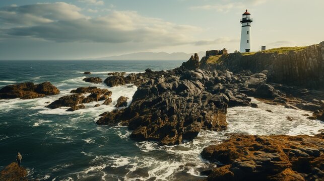  a light house on a rocky cliff by the ocean with waves.  generative ai