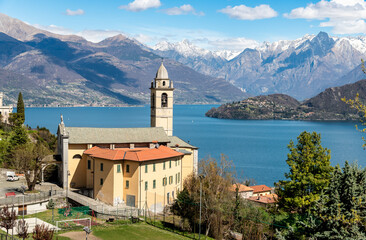 Fototapeta na wymiar Top view of the Church of Sant Michele above Lake Como in Vignola, Province of Como, Lombardy, Italy
