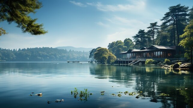  a house on a lake surrounded by trees and a dock.  generative ai