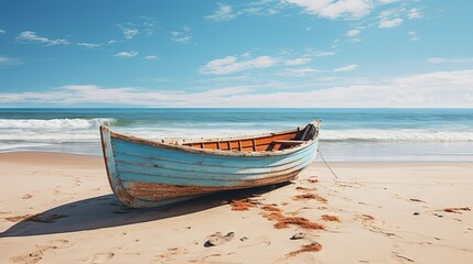  a boat sitting on top of a sandy beach next to the ocean.  generative ai