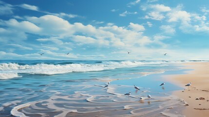  a painting of birds flying over a beach with a wave coming in.  generative ai