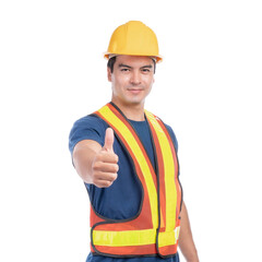 Portrait young architect man engineering wearing yellow helmet , He giving a thumb up hand isolated on white background with copy space