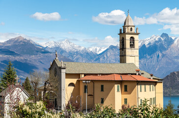 Fototapeta na wymiar View of the Church of Sant Michele above Lake Como in Vignola, Province of Como, Lombardy, Italy