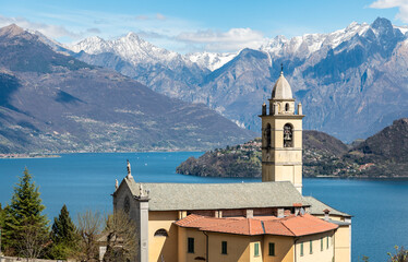 View of the Church of Sant Michele above Lake Como in Vignola, Province of Como, Lombardy, Italy