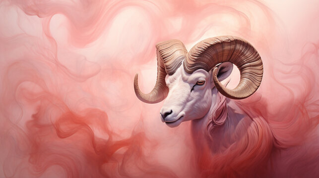 Generative AI image of a North American bighorn sheep immersed in vibrant red smoke, capturing the majesty of its native habitat with a mystical allure..