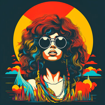 Portrait of a happy fair-haired woman in sunglasses Colourful psychedelic 1970s. AI generative.