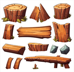 Naklejka premium Forest nature elements landscape set with tree, stump, old trunk, bush, stone pile and moss in cartoon style isolated on white background. Ui assets, for computers game interface vector Illustrations