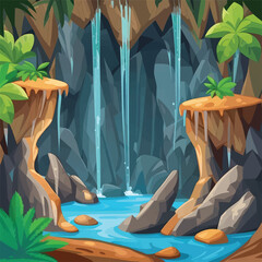 Waterfalls set. Cartoon landscapes with mountains and tree. River falls from cliff. Picturesque tourist attraction with clear water