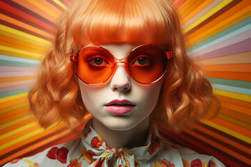 Fototapeta premium Portrait of a happy fair-haired woman in sunglasses Colourful psychedelic 1970s. AI generative.