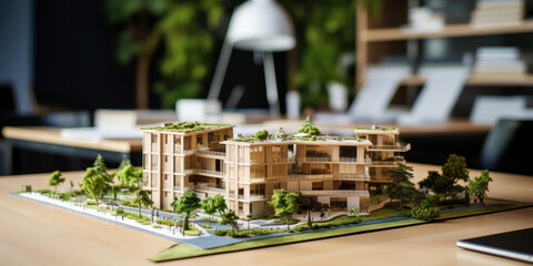 scale model of modern eco friendly apartment building complex in architect office. sustainable housing development. generative AI - 625247842