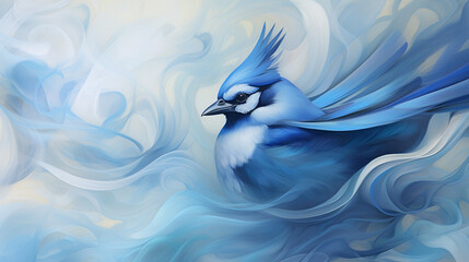 Generative AI image of a North American Blue Jay enveloped in ethereal blue smoke, radiating an enchanting aura in harmony with nature's wonders.