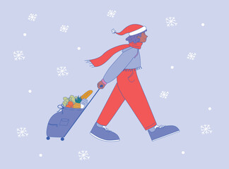 The girl in Christmas red Hat is carrying a Bag on wheels with Groceries. Buyer Character Illustration. Christmas sale, fresh products, Purchase of vegetables and fruits for Xmas Dinner. Vector flat i