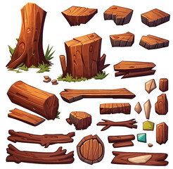 Forest nature elements landscape set with tree, stump, old trunk, bush, stone pile and moss in cartoon style isolated on white background. Ui assets, for computers game interface vector Illustrations