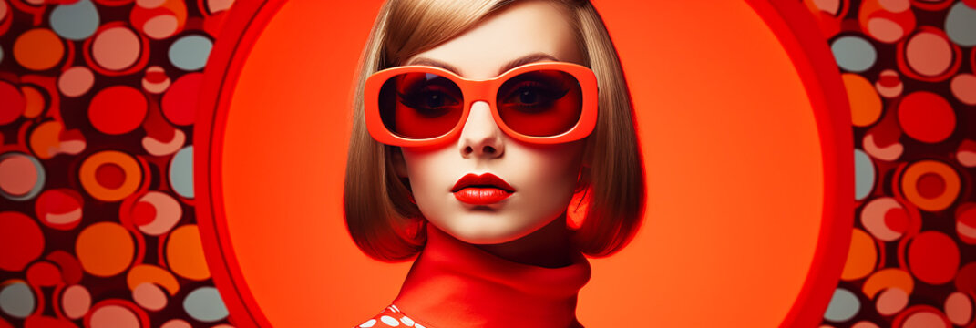 Portrait of a happy fair-haired woman in sunglasses Colourful psychedelic 1970s. AI generative.