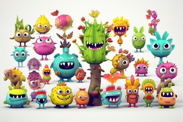 Obraz premium Vegetables and fruits character collection and icons funny stylized sketch cartoon characters. Generative AI.