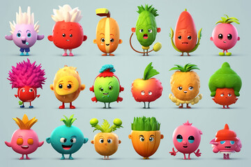 Vegetables and fruits character collection and icons funny stylized sketch cartoon characters. Generative AI.