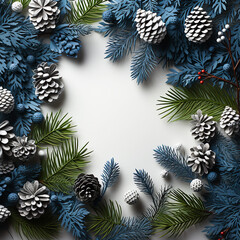 Fototapeta premium Christmas composition with snow and spruce branches and Christmas tree baubles. AI generative.