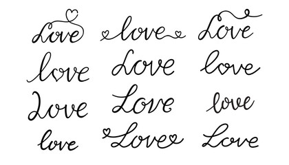Hand lettering Love set. Love, heart, relationship. Phrase for Valentines Day. Vector black letters on a white.