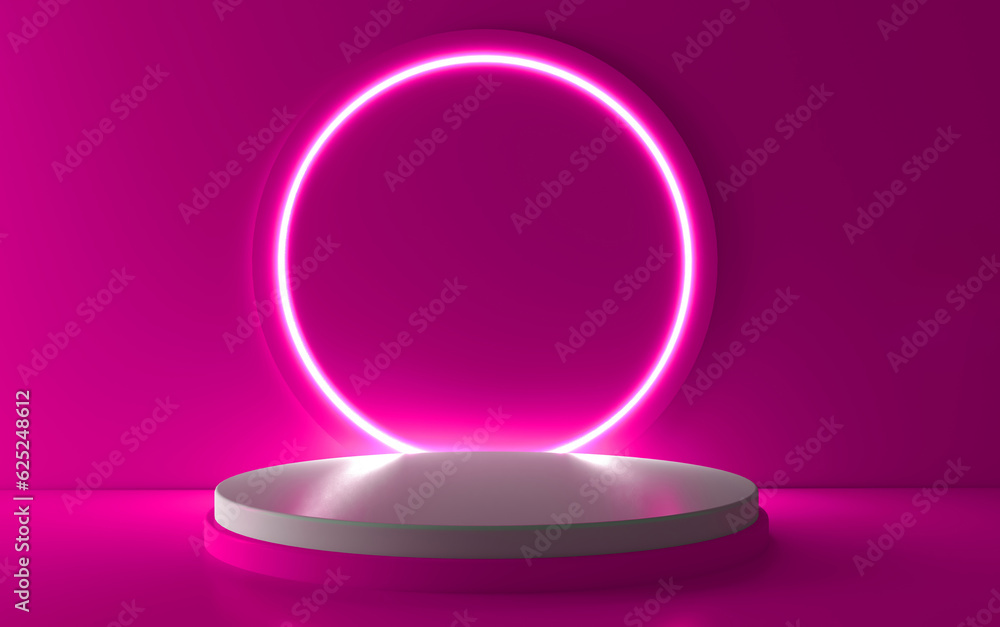 Poster pink realistic 3d cylinder stand podium with glowing neon in circle shape. abstract 3d rendering ren