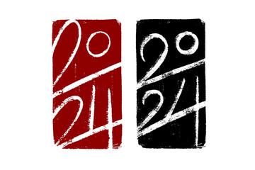 2024 vector hand-drawn numbers vertical compositions on stamp-like backgrounds. 2024 number design templates. Happy new year oriental style minimalistic concept for greeting materials.