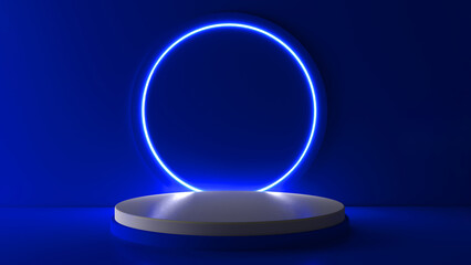 Blue realistic 3d cylinder stand podium with glowing blue neon in circle shape. Abstract 3D Rendering geometric forms. Minimal scene. Stage showcase, Mockup product display.